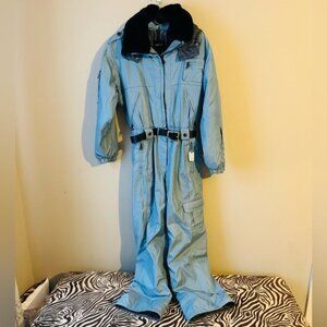 Women’s NILS Light Blue Snowsuit One Piece Belted Hooded Ski Snowboard